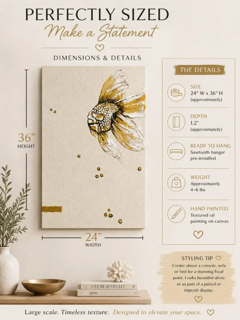 BrushEcho Gold Fish Textured Canvas Wall Art Cream Gold New in Box